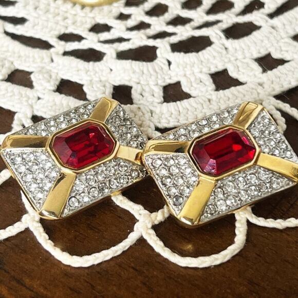 Alexis Kirk Vintage‎ Clip On Earrings Signed Rhinestones Red Stone Gold - Picture 6 of 7